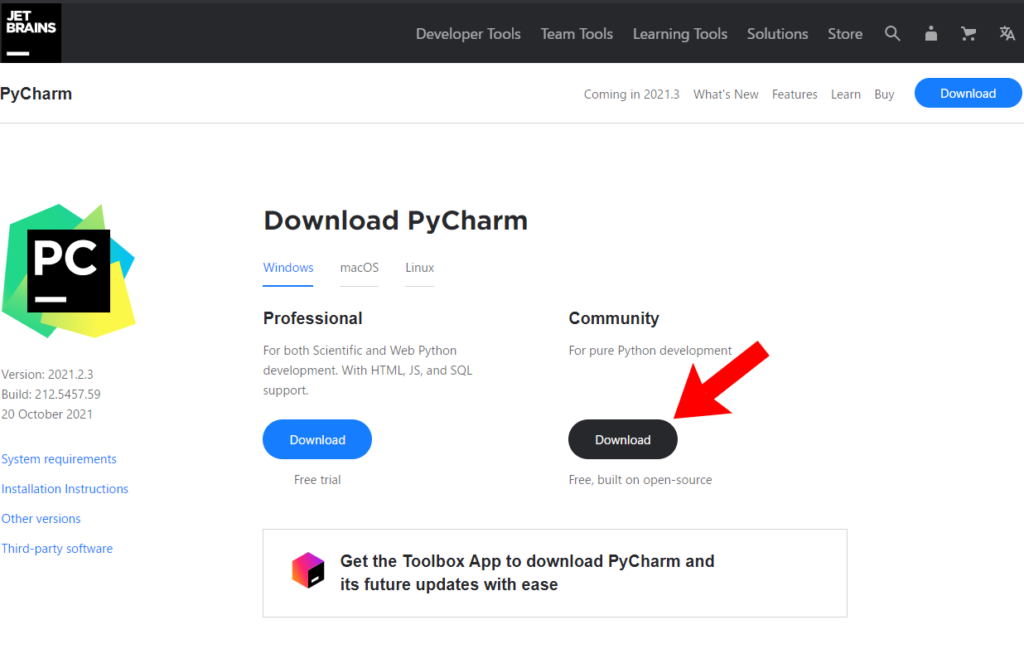 PyChamのインストール手順。コミュニティをクリック