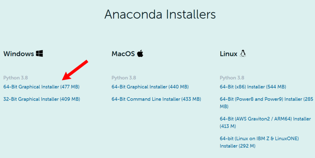 Anacondaのインストール手順。Windowsを選択