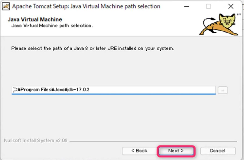 Javaのインストールパスを確認し「Next」をクリック