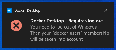 Docker Desktopにより表示された「Requires log out」のウィンドウ