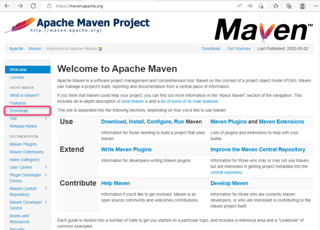 Apache Mavenのサイトで「Download」がハイライトされている