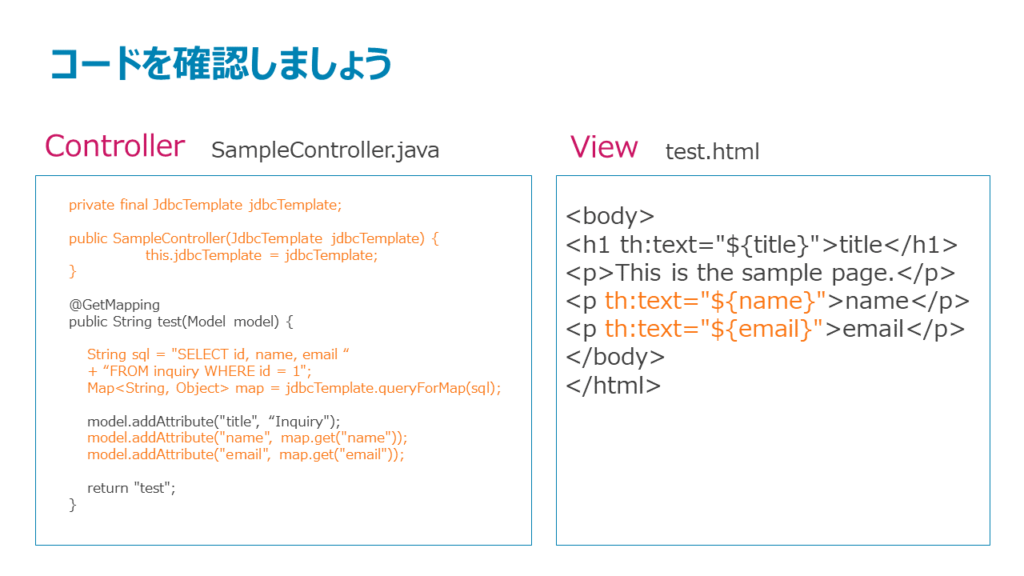 SampleControllerとtest.htmlのコードを確認